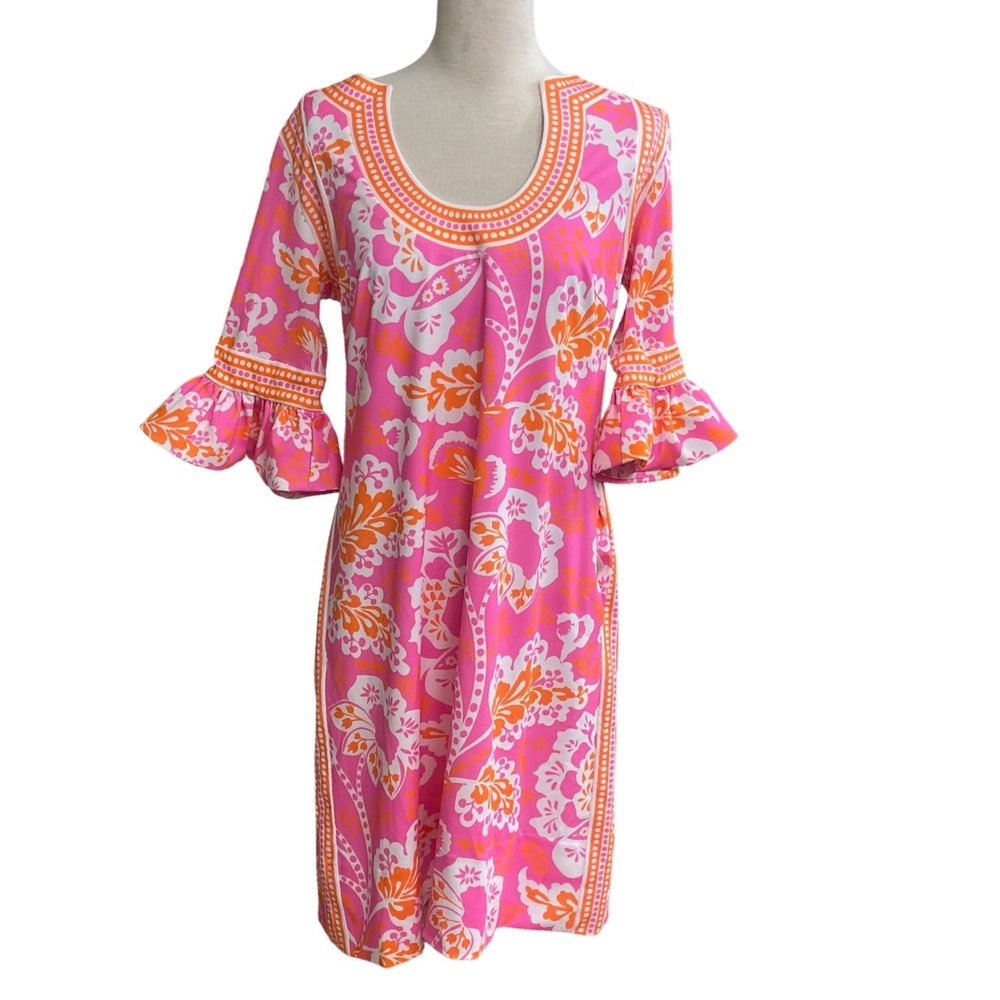 Gretchen Scott Shake Your Tushy Flora Pink Orange Ruffle Shift Dress Small NWT